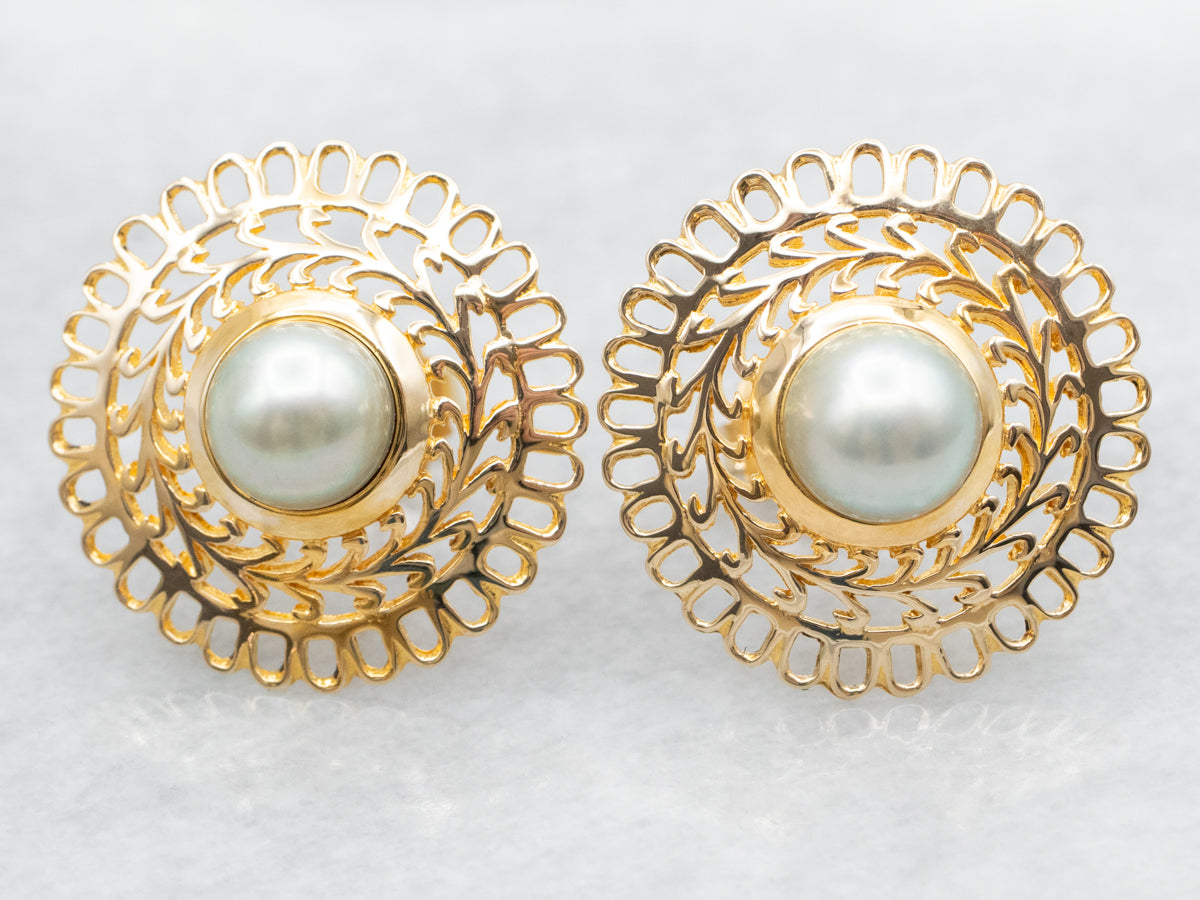 Gray Pearl Stud Earrings with Openwork Frame