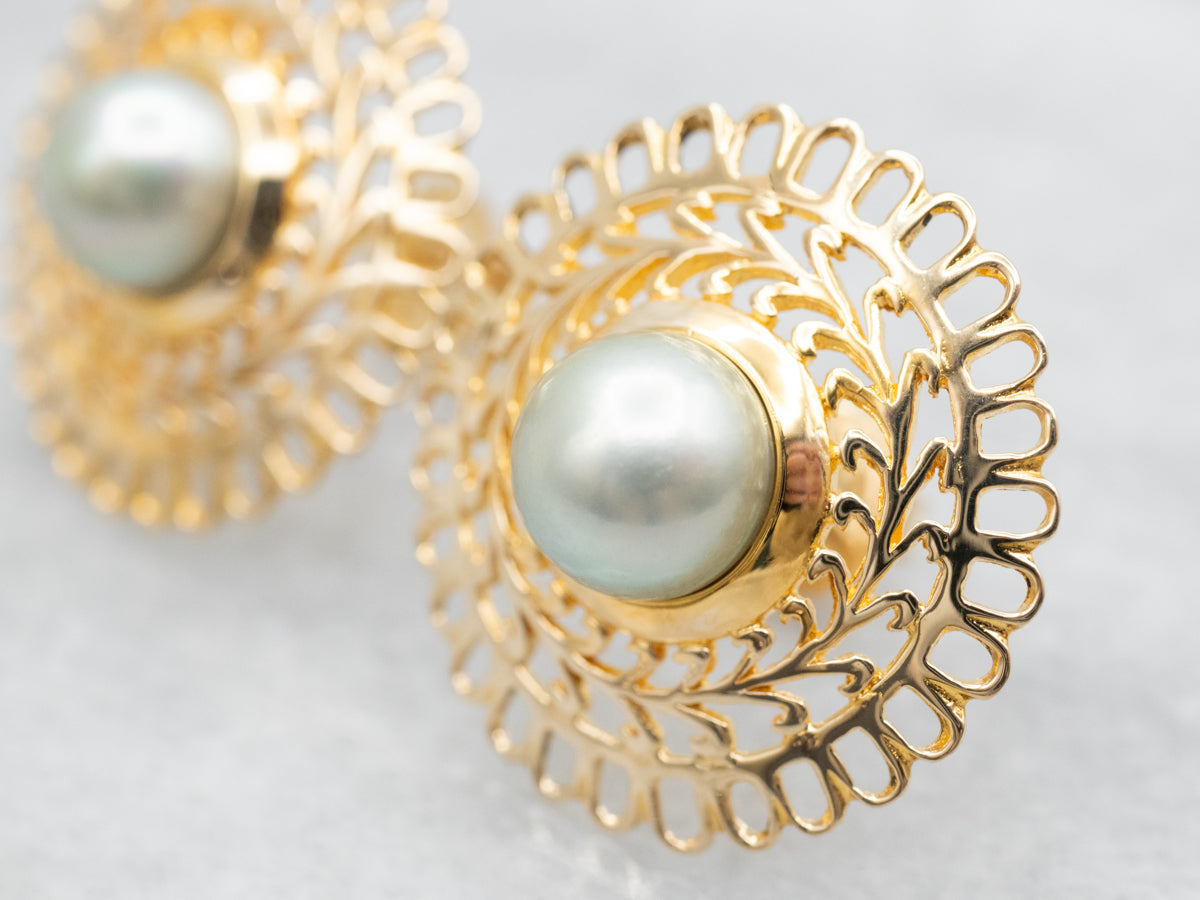 Gray Pearl Stud Earrings with Openwork Frame