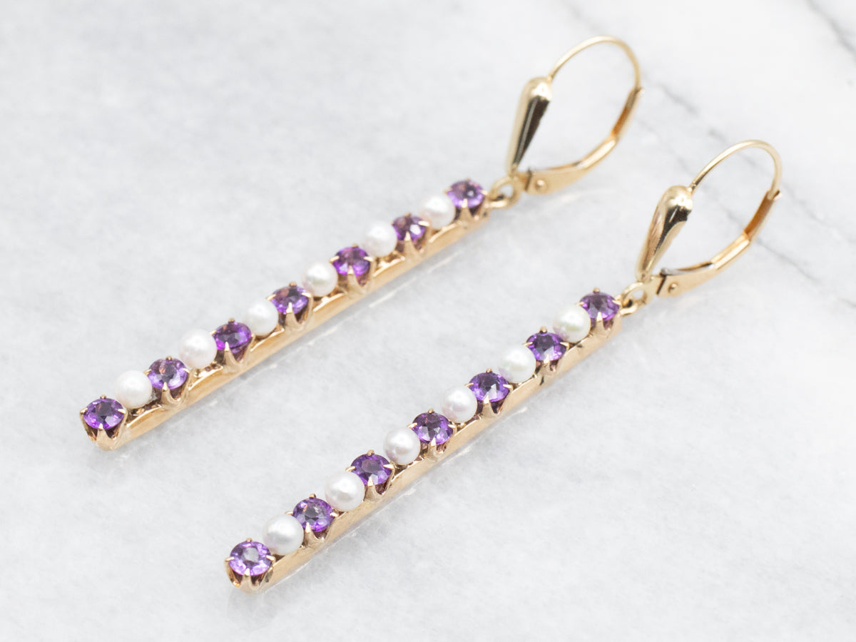 Amethyst and Pearl Bar Drop Earrings