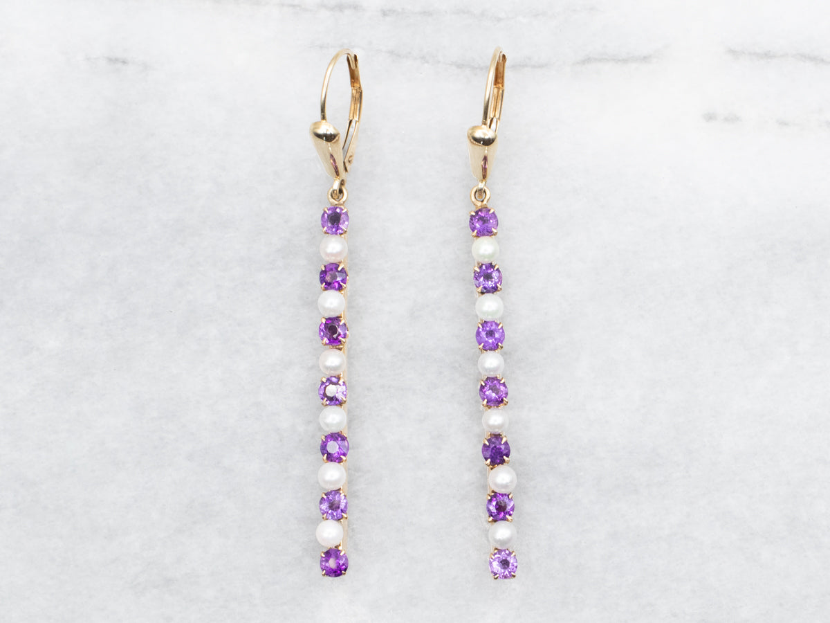 Amethyst and Pearl Bar Drop Earrings