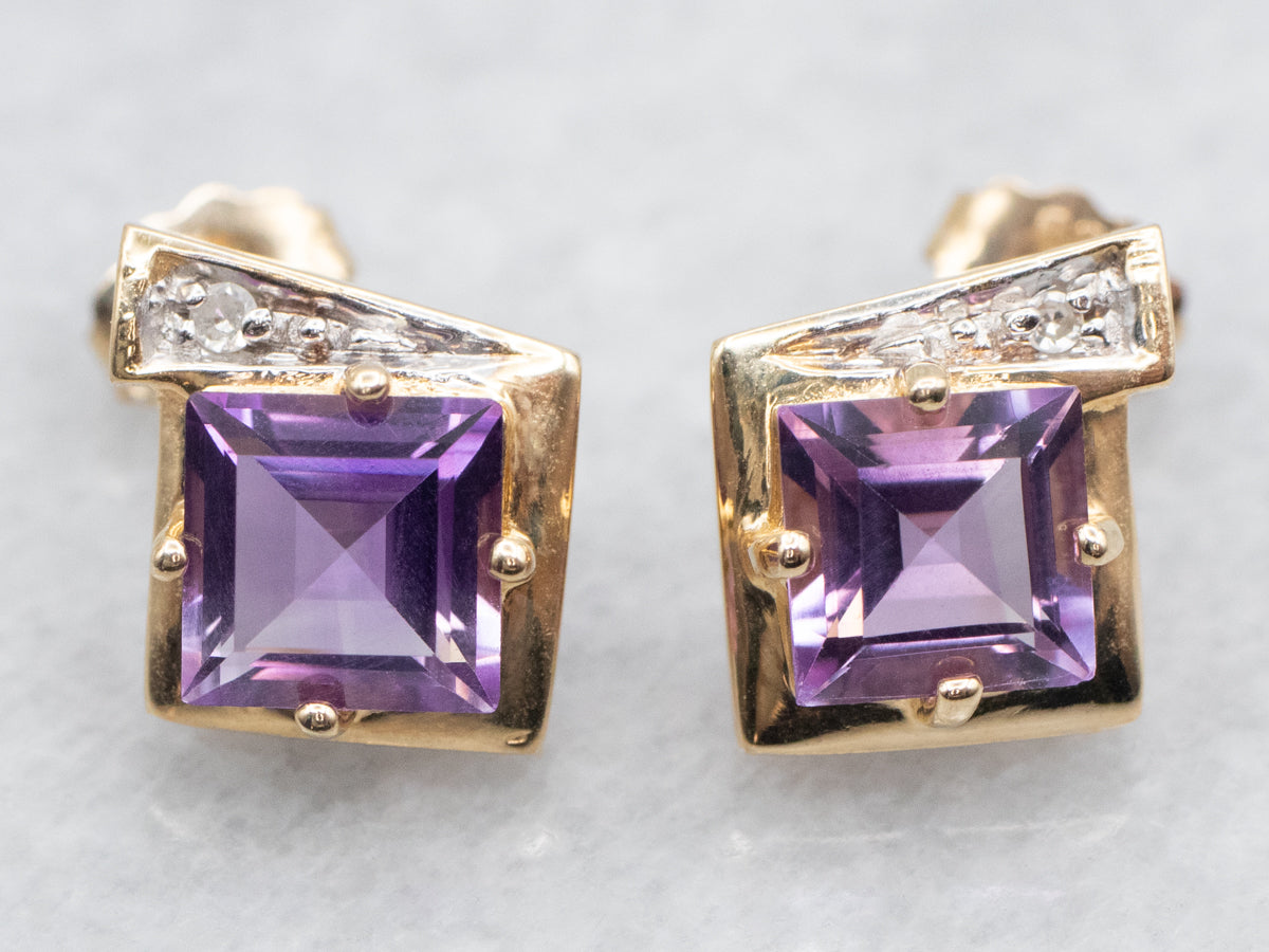 Square Cut Amethyst and Diamond Stud Earrings