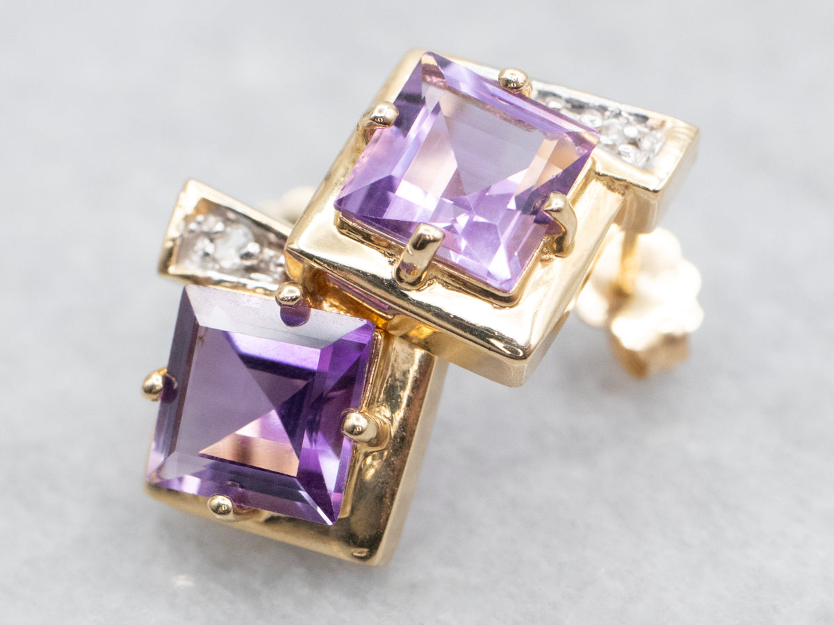 Square Cut Amethyst and Diamond Stud Earrings