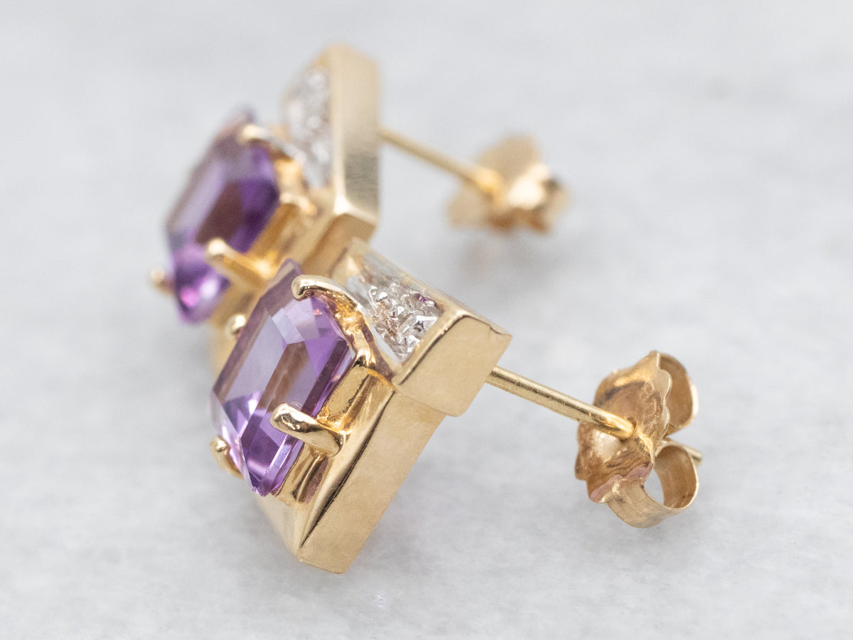 Square Cut Amethyst and Diamond Stud Earrings