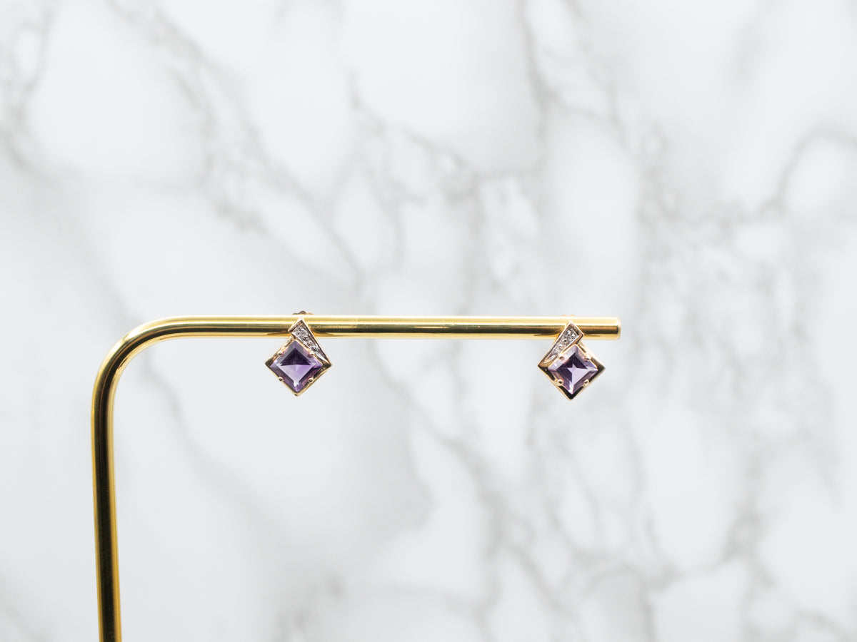 Square Cut Amethyst and Diamond Stud Earrings