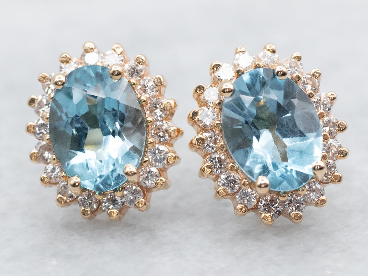 Blue Topaz Stud Earrings with Diamond Halo