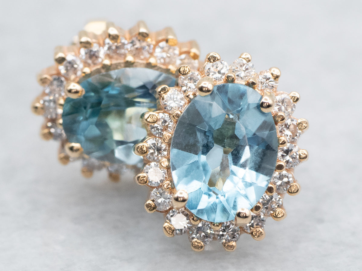 Blue Topaz Stud Earrings with Diamond Halo