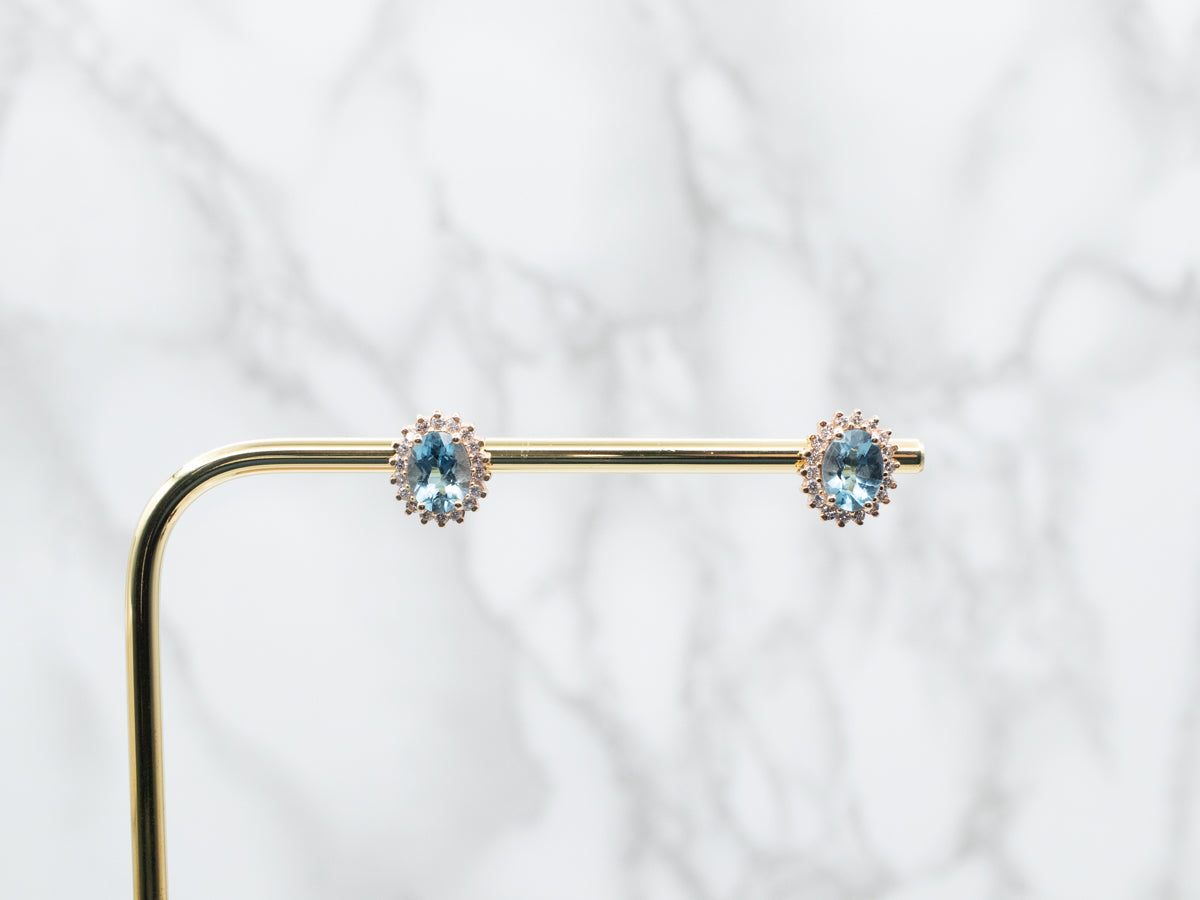 Blue Topaz Stud Earrings with Diamond Halo