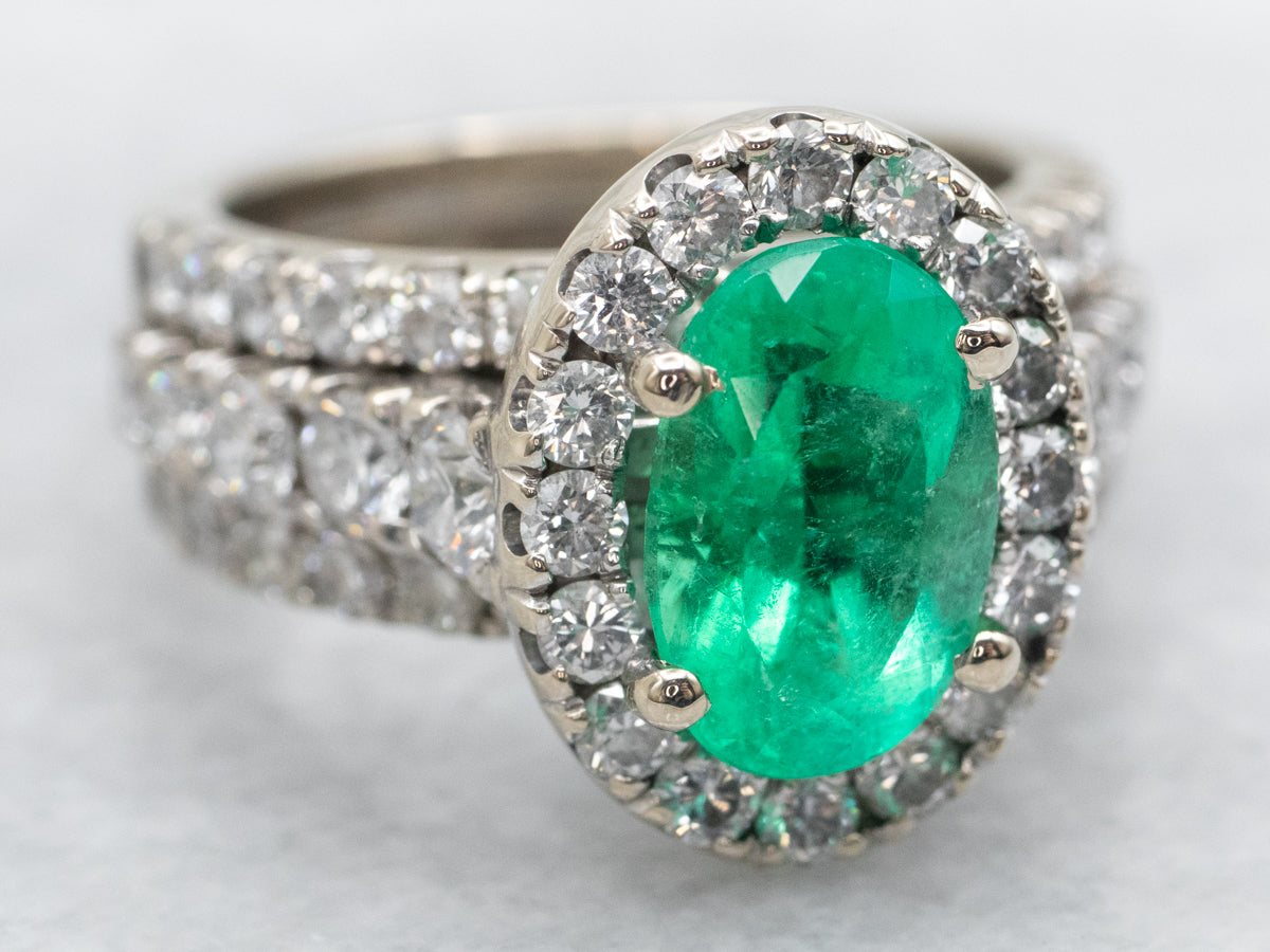 Emerald Ring with Diamond Halo