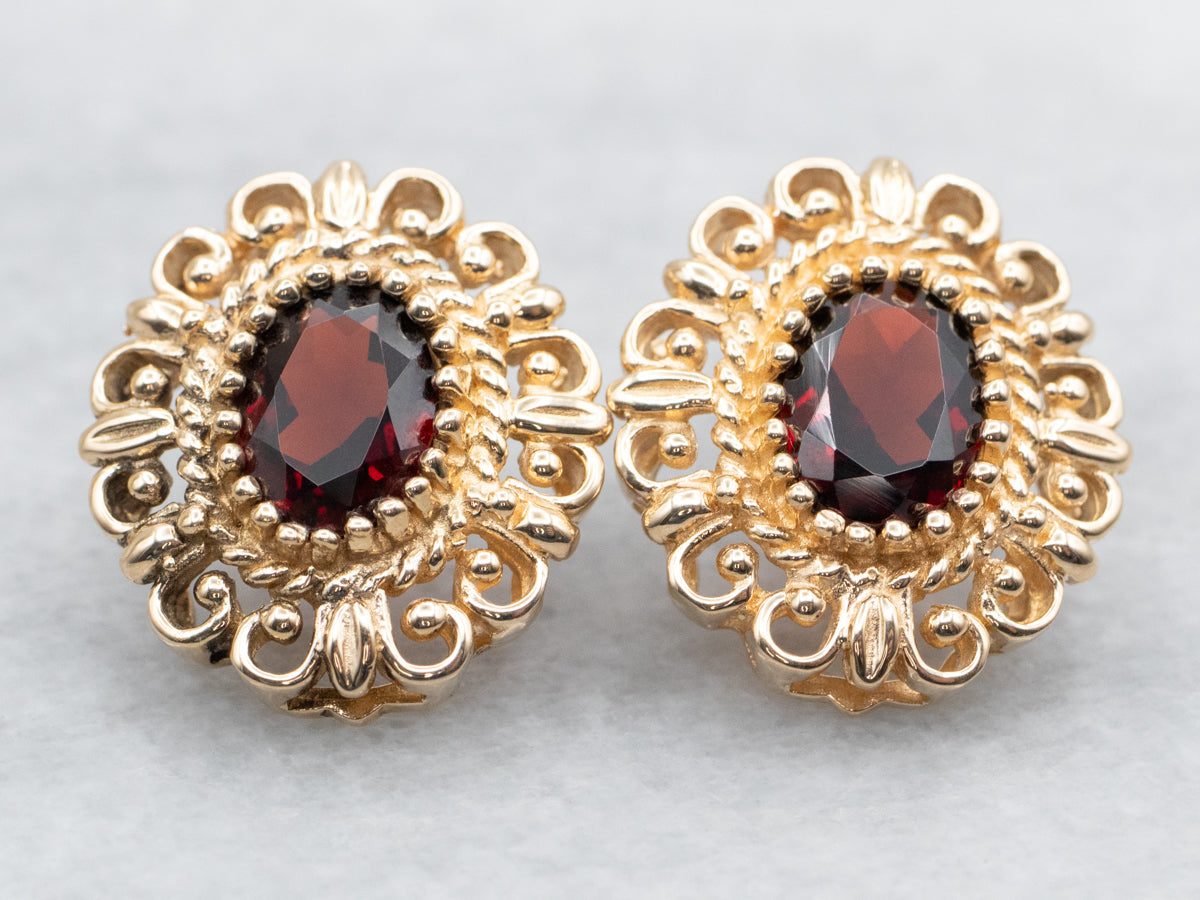 Solid high quality 14K Yellow Gold Red Garnet Filigree Post Stud Earrings