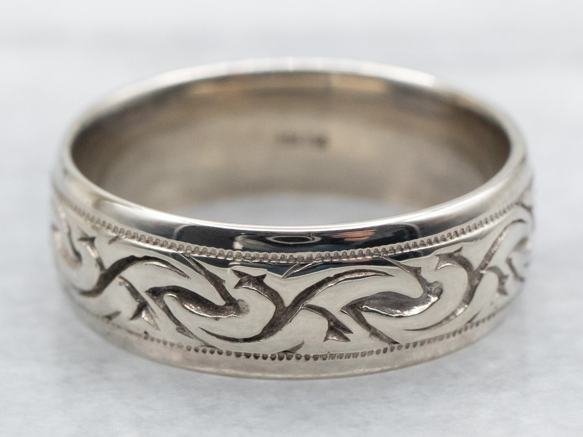 White Gold Scrolling Pattern Wedding Band