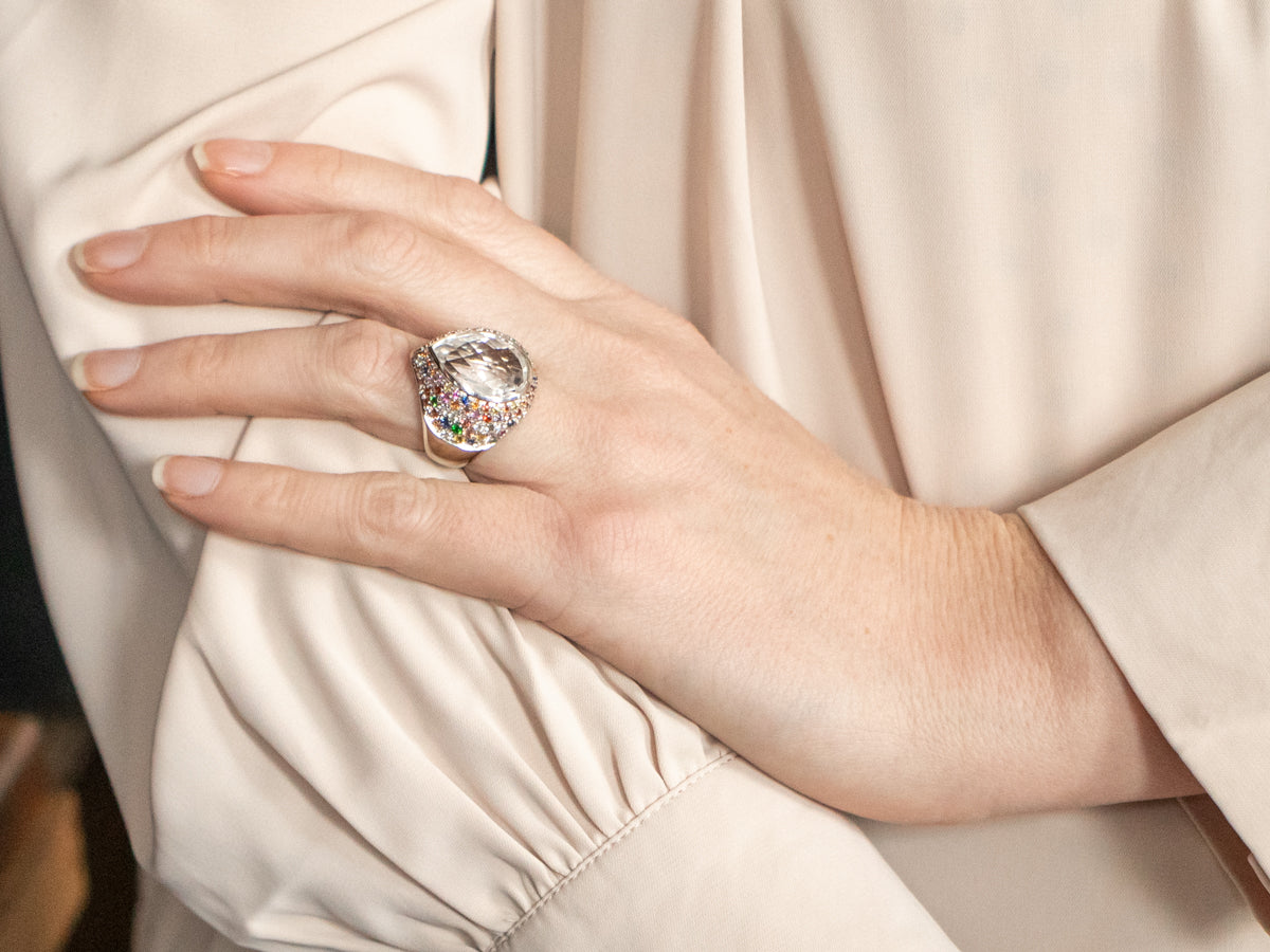 Pear Cut Quartz Ring with Diamond, Sapphire, Ruby, Garnet, and Tsavorite Garnet Accents