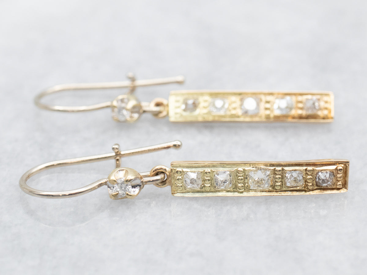 Round and Old Mine Cut Diamond Bar Drop Earrings