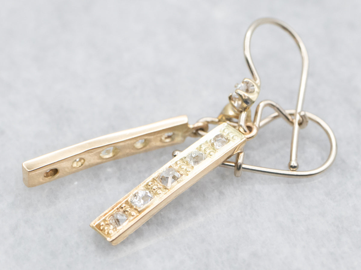 Round and Old Mine Cut Diamond Bar Drop Earrings