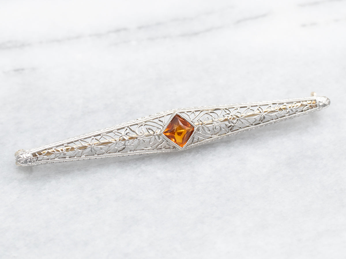 Antique Art Deco Citrine and Gold Filigree Bar Pin