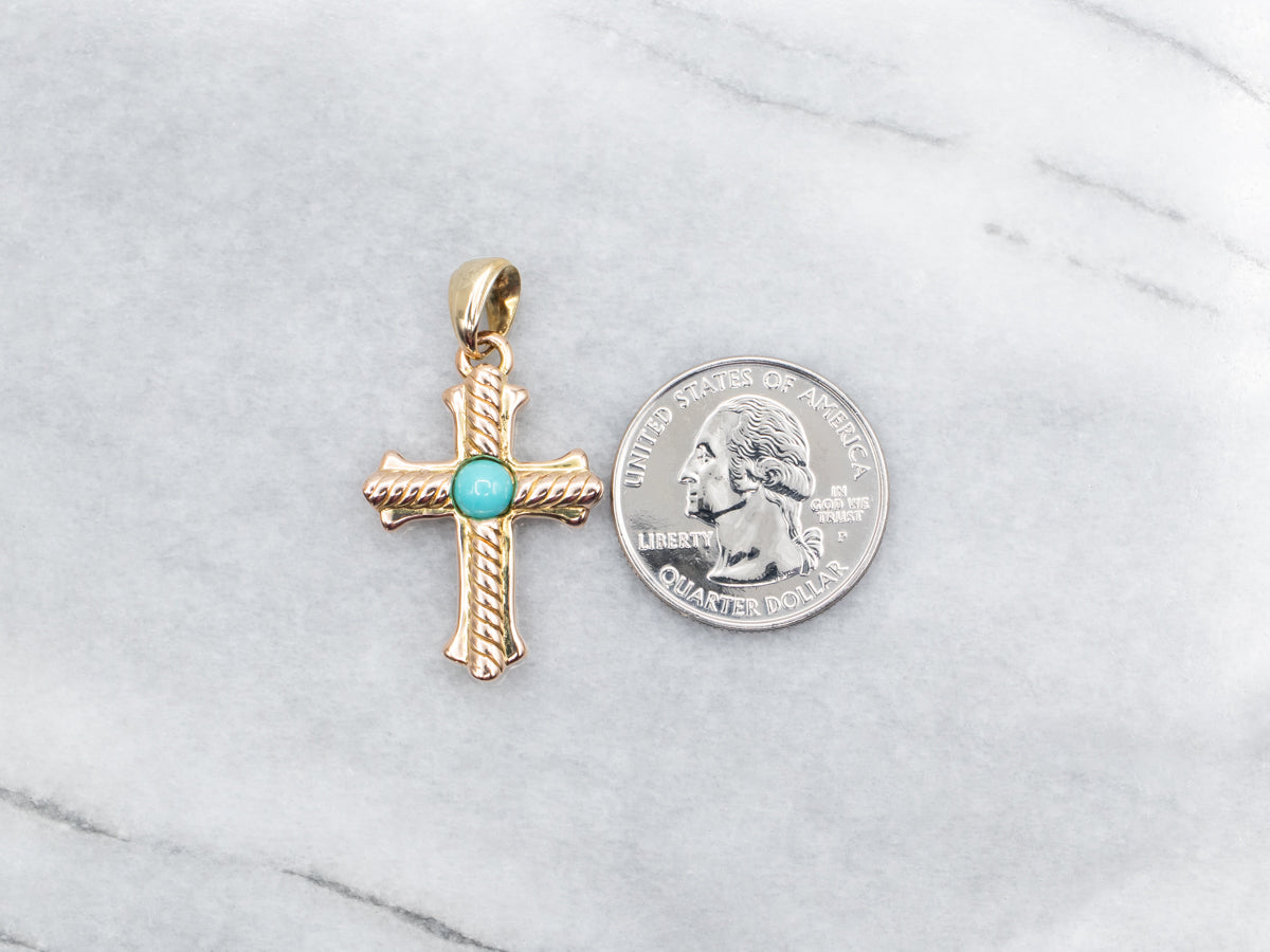 Italian Gold Cross Pendant with Turquoise Accent