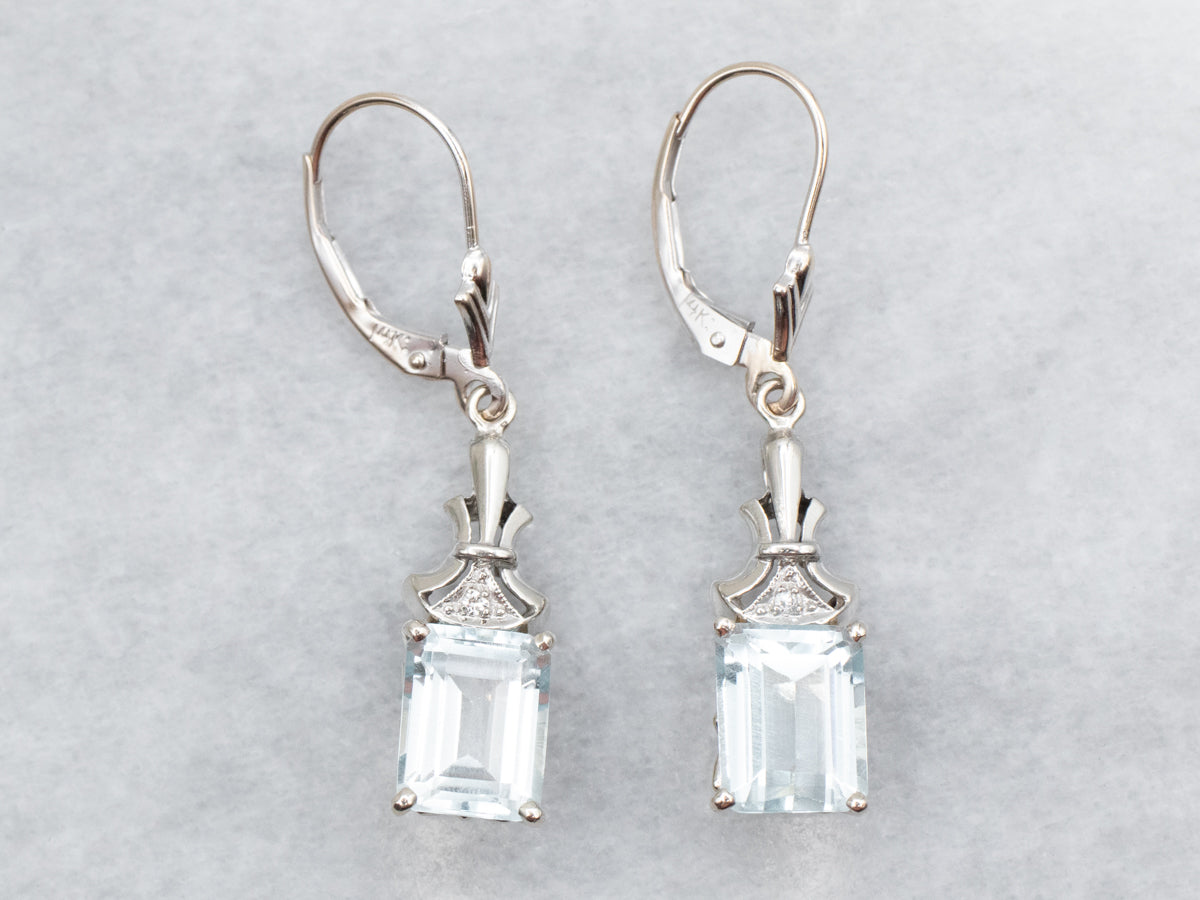 White Gold Emerald Cut Blue Topaz Drop Earrings with Diamond Accent