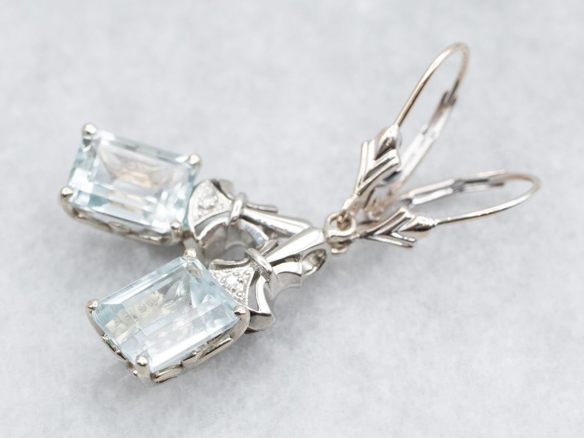 White Gold Emerald Cut Blue Topaz Drop Earrings with Diamond Accent