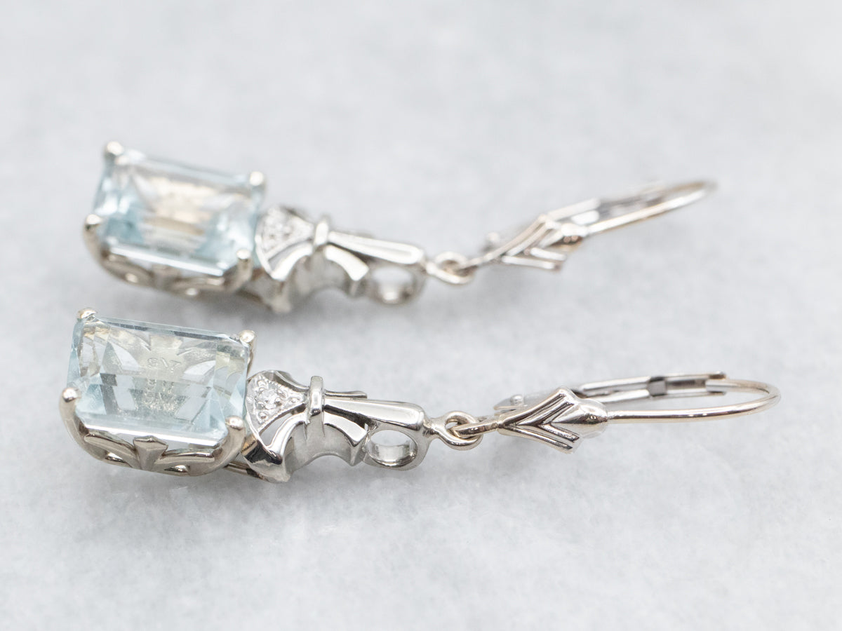 White Gold Emerald Cut Blue Topaz Drop Earrings with Diamond Accent