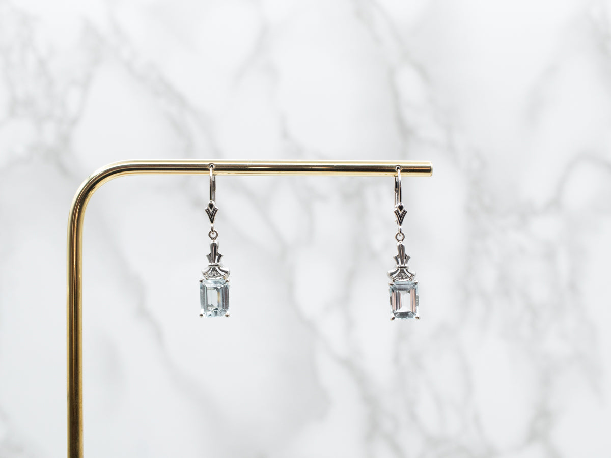 White Gold Emerald Cut Blue Topaz Drop Earrings with Diamond Accent