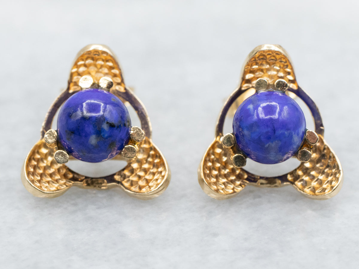 Textured Yellow Gold Lapis Stud Earrings