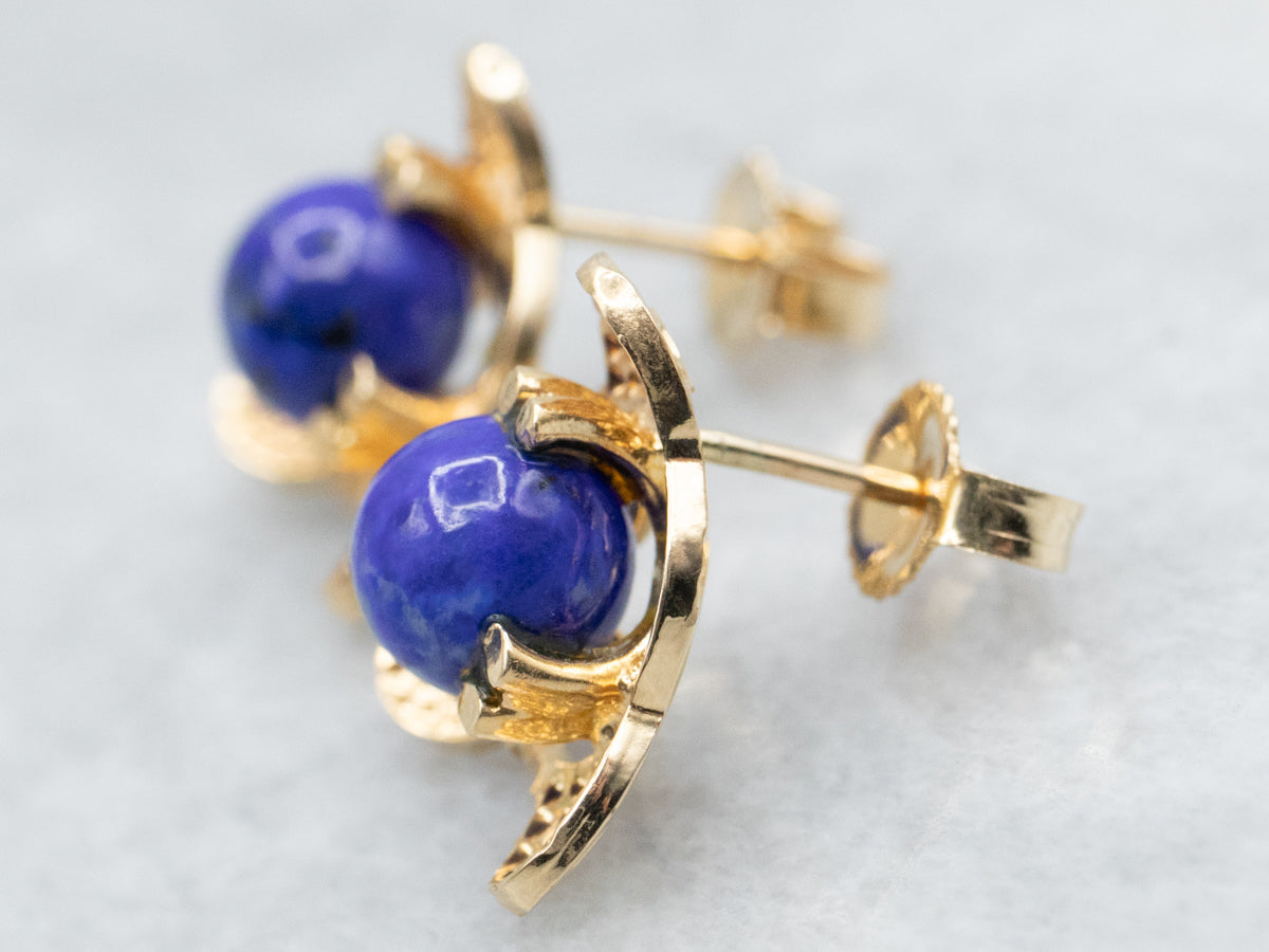 Textured Yellow Gold Lapis Stud Earrings