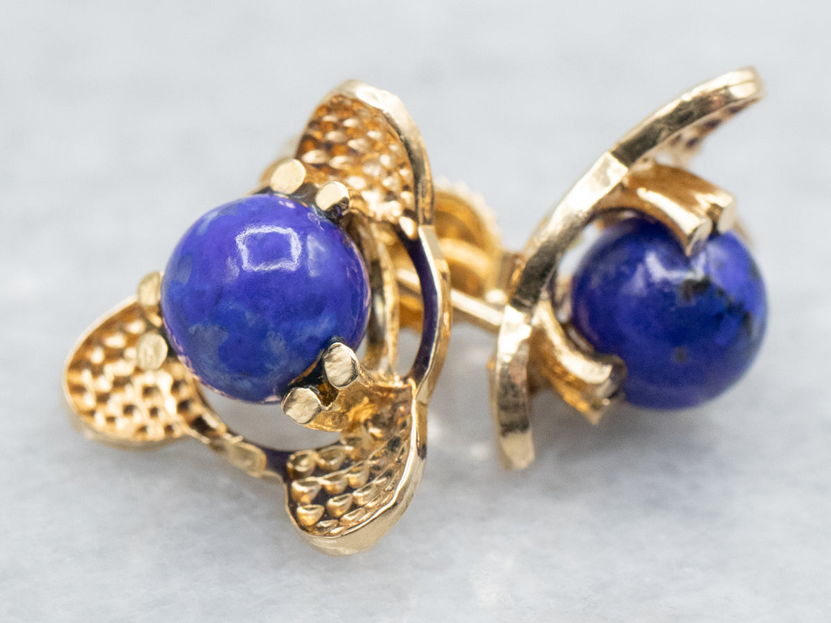 Textured Yellow Gold Lapis Stud Earrings