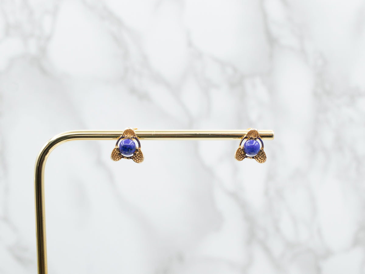 Textured Yellow Gold Lapis Stud Earrings