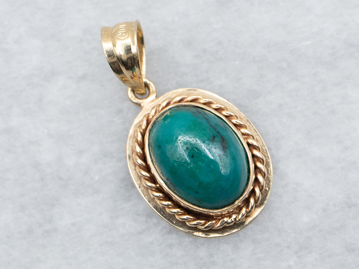 Yellow Gold Oval Chrysocolla Solitaire Pendant