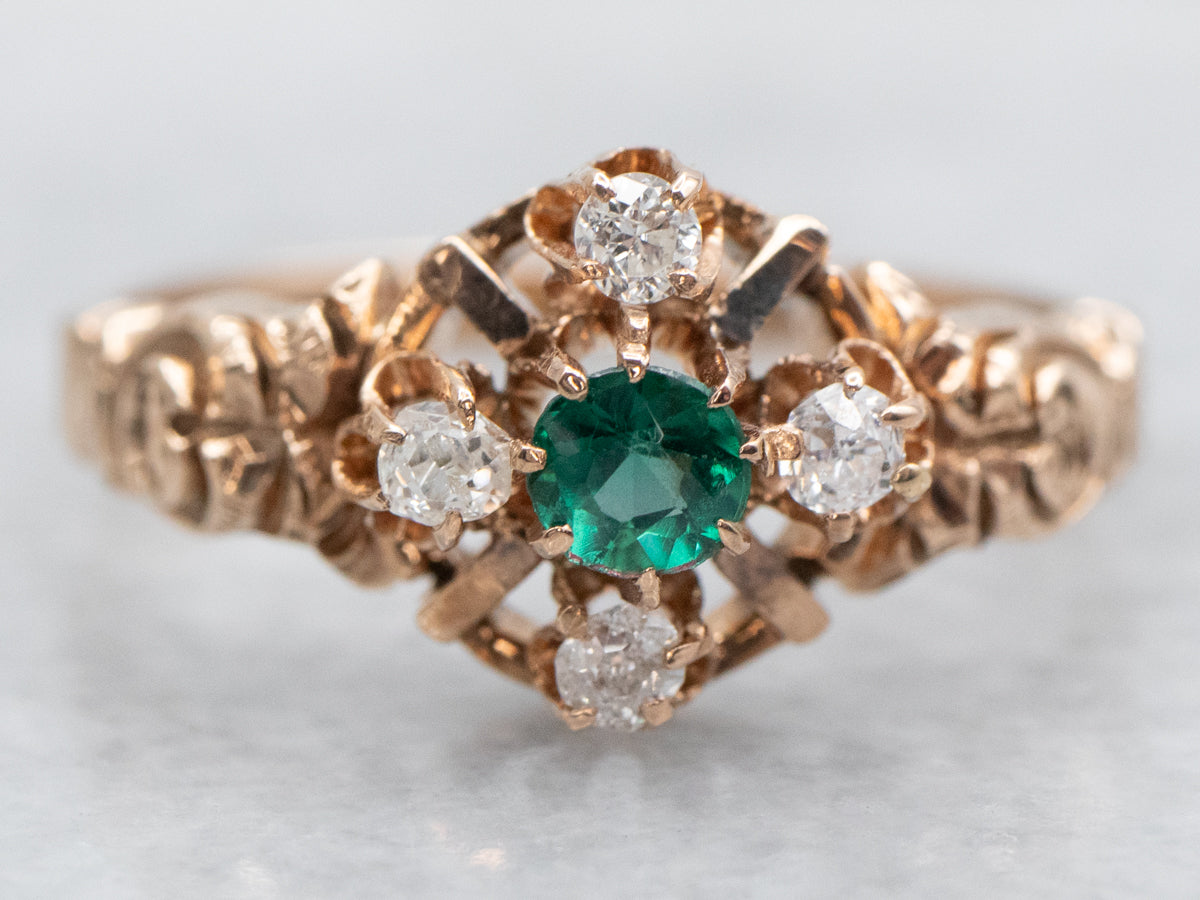 Victorian Gold Green Glass Doublet and Diamond Ring