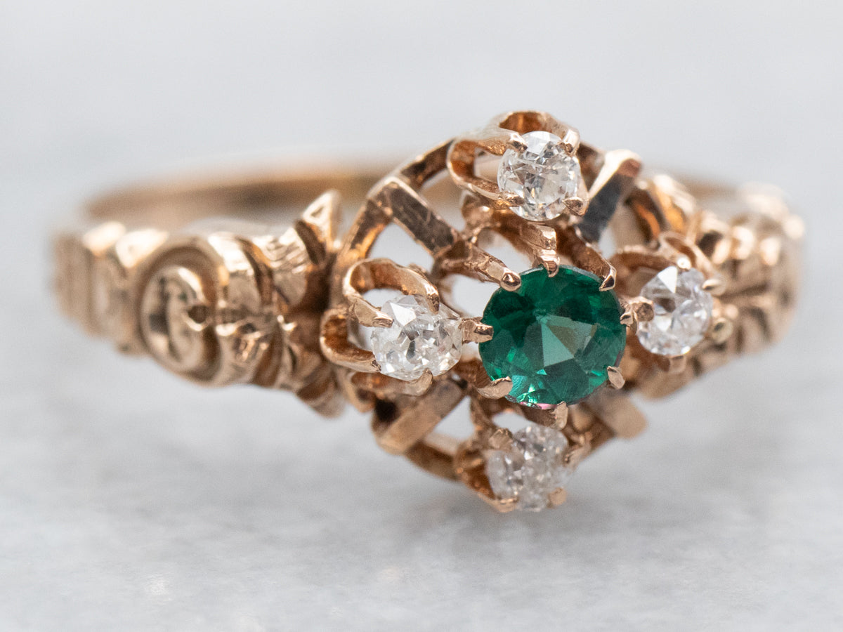 Victorian Gold Green Glass Doublet and Diamond Ring