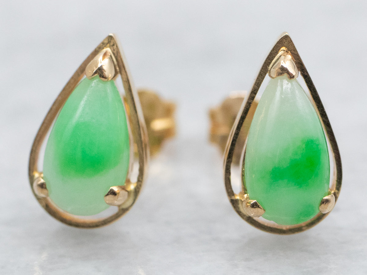 Yellow Gold Pear Cut Jade Stud Earrings