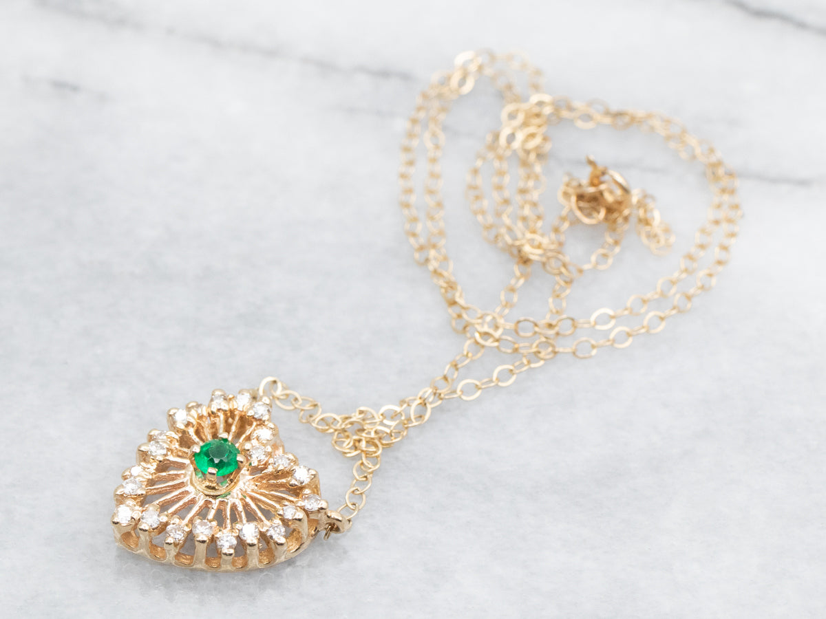 Gold Emerald and Diamond Halo Heart Shaped Necklace