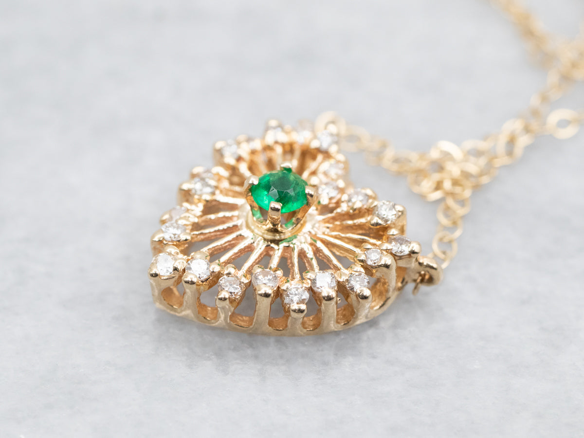 Gold Emerald and Diamond Halo Heart Shaped Necklace