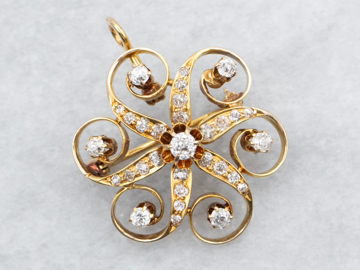 Yellow Gold Old Mine Cut Diamond Pinwheel Brooch or Pendant