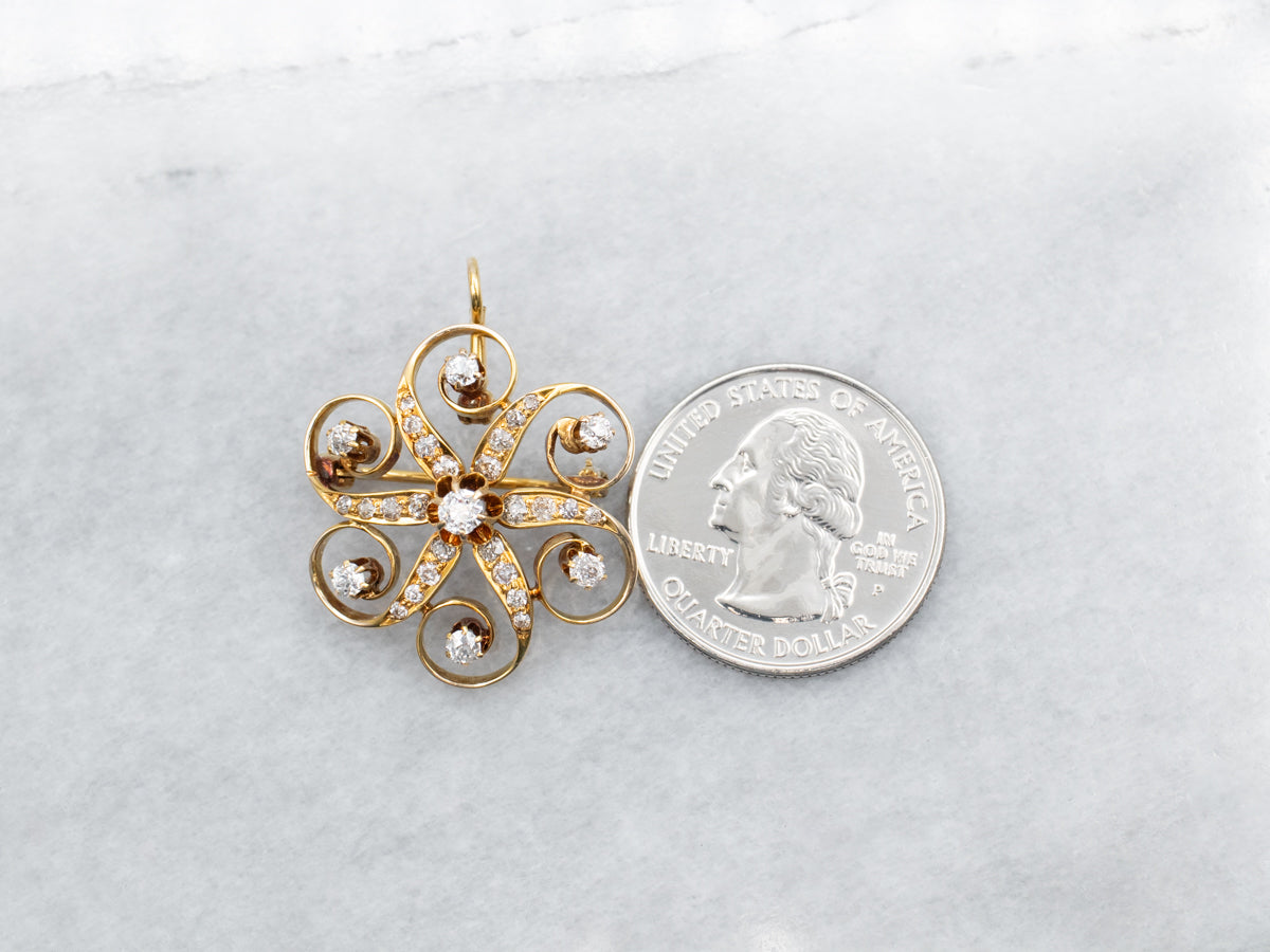 Yellow Gold Old Mine Cut Diamond Pinwheel Brooch or Pendant