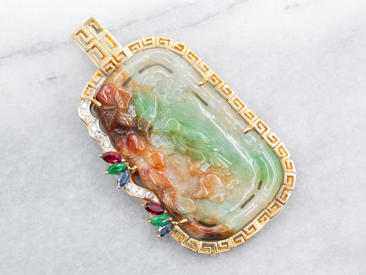 Stunning Carved Jadeite Pendant with Sapphire, Ruby, Emerald, and Diamond Accents