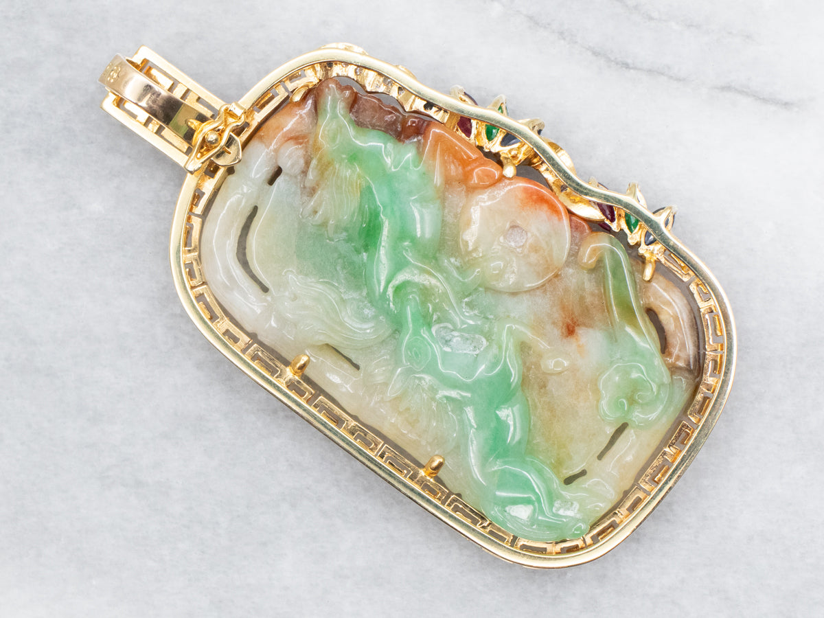 Stunning Carved Jadeite Pendant with Sapphire, Ruby, Emerald, and Diamond Accents