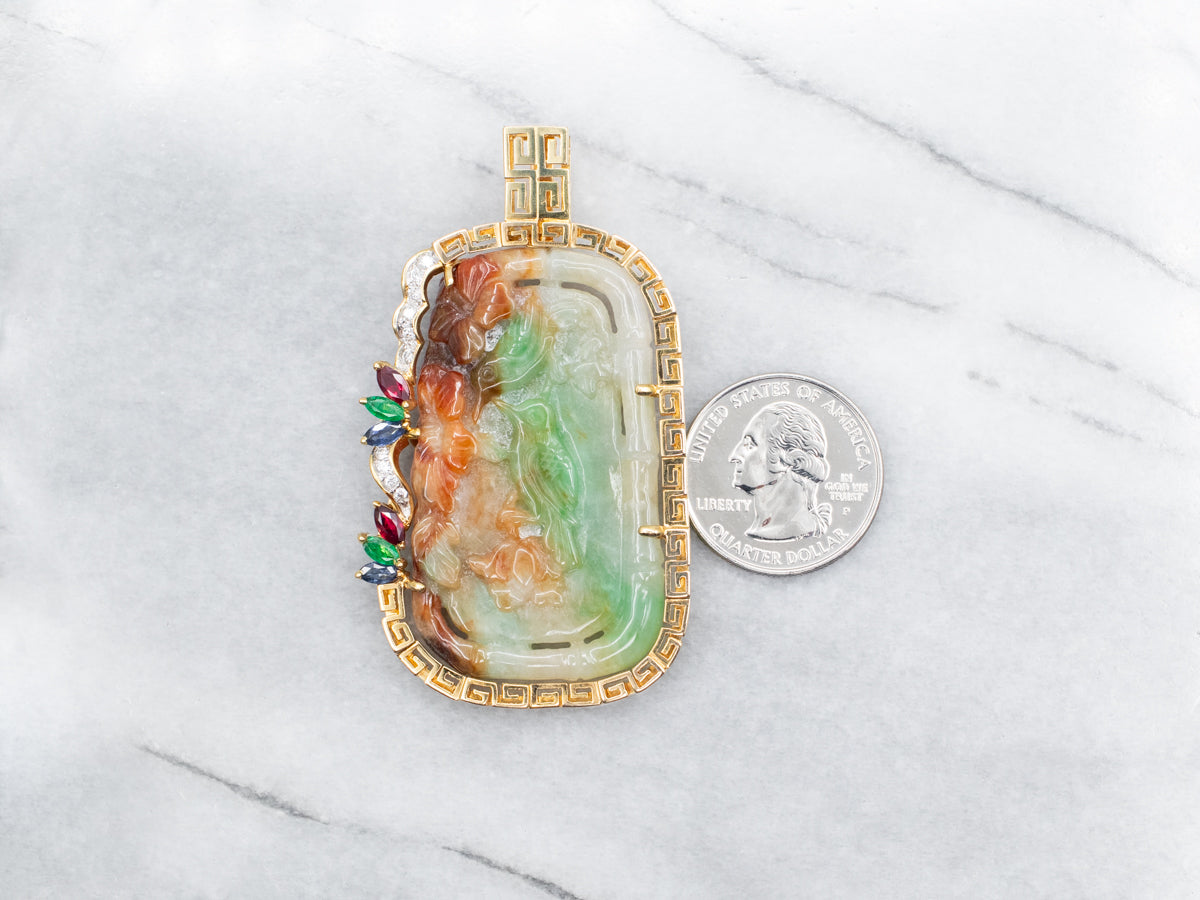 Stunning Carved Jadeite Pendant with Sapphire, Ruby, Emerald, and Diamond Accents