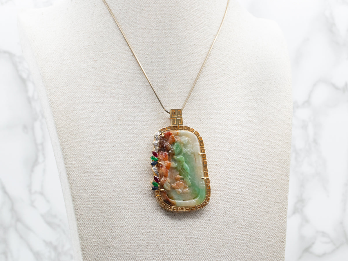 Stunning Carved Jadeite Pendant with Sapphire, Ruby, Emerald, and Diamond Accents