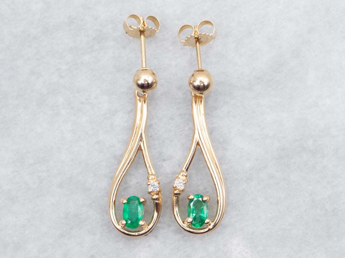 Yellow Gold Emerald Drop Earrings with Diamond Accent