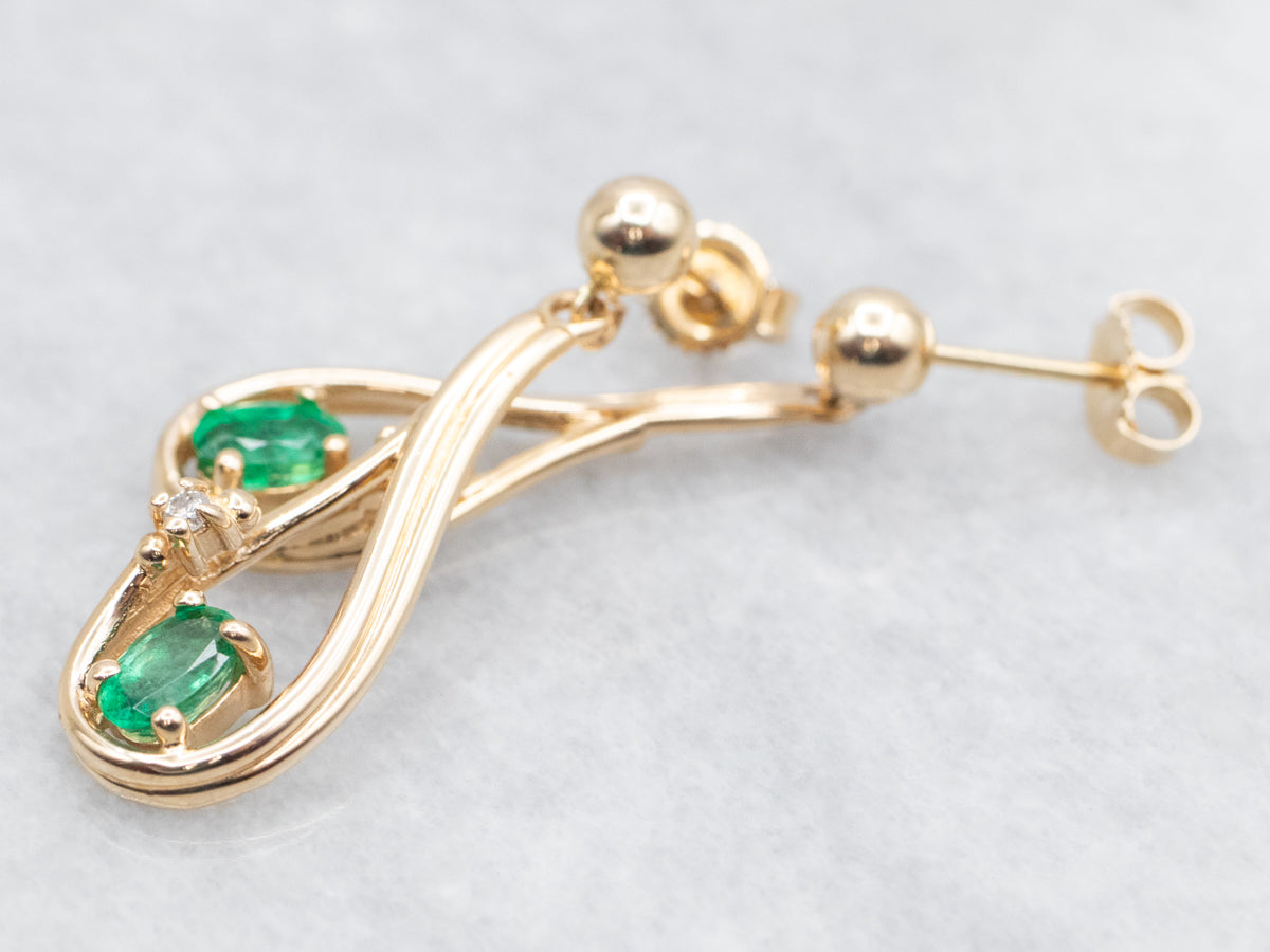 Yellow Gold Emerald Drop Earrings with Diamond Accent