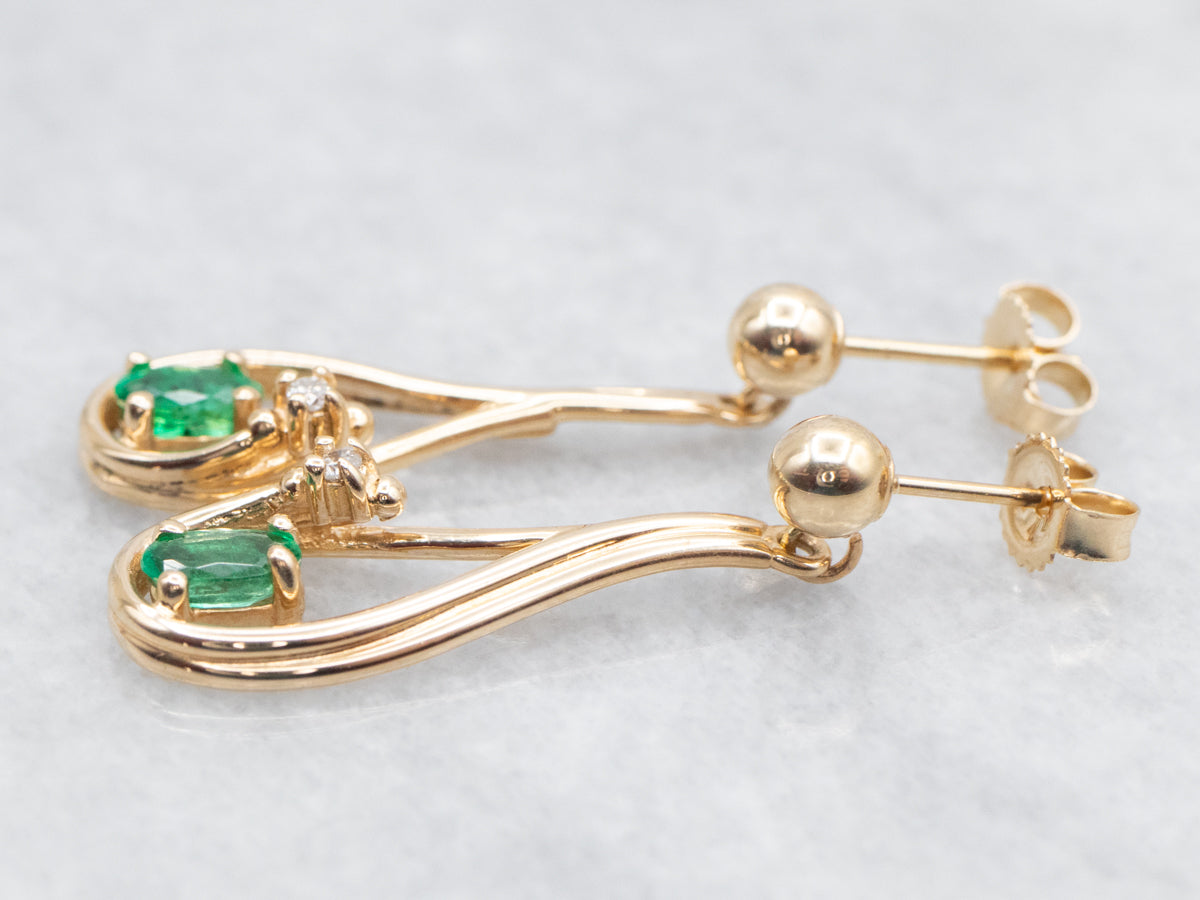 Yellow Gold Emerald Drop Earrings with Diamond Accent