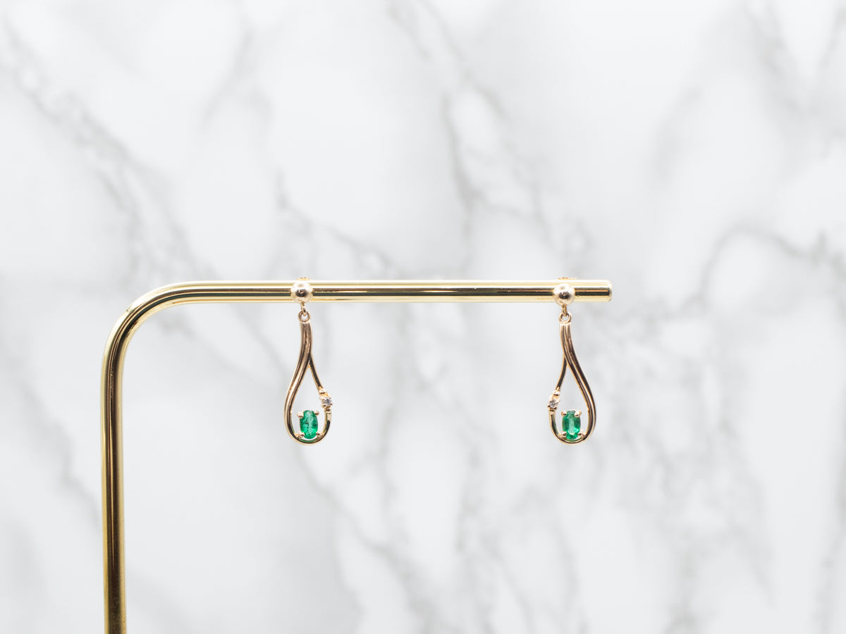 Yellow Gold Emerald Drop Earrings with Diamond Accent