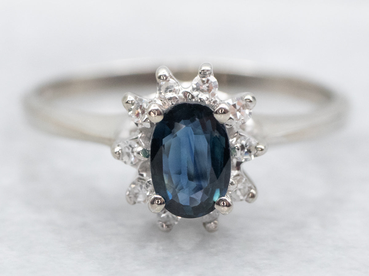 Modern White Gold Sapphire and Diamond Halo Ring