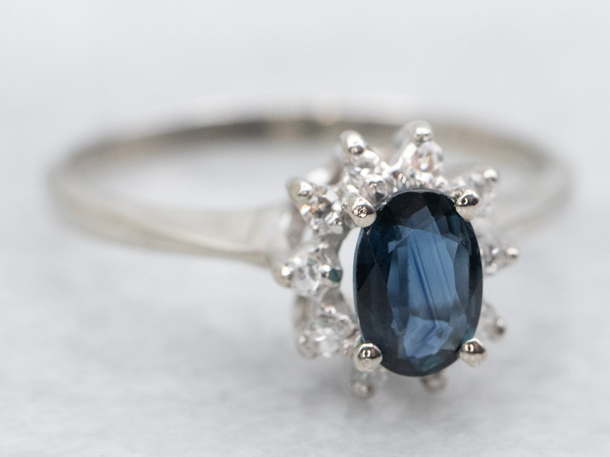 Modern White Gold Sapphire and Diamond Halo Ring