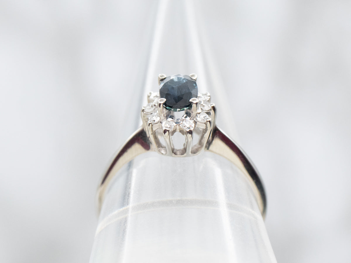 Modern White Gold Sapphire and Diamond Halo Ring