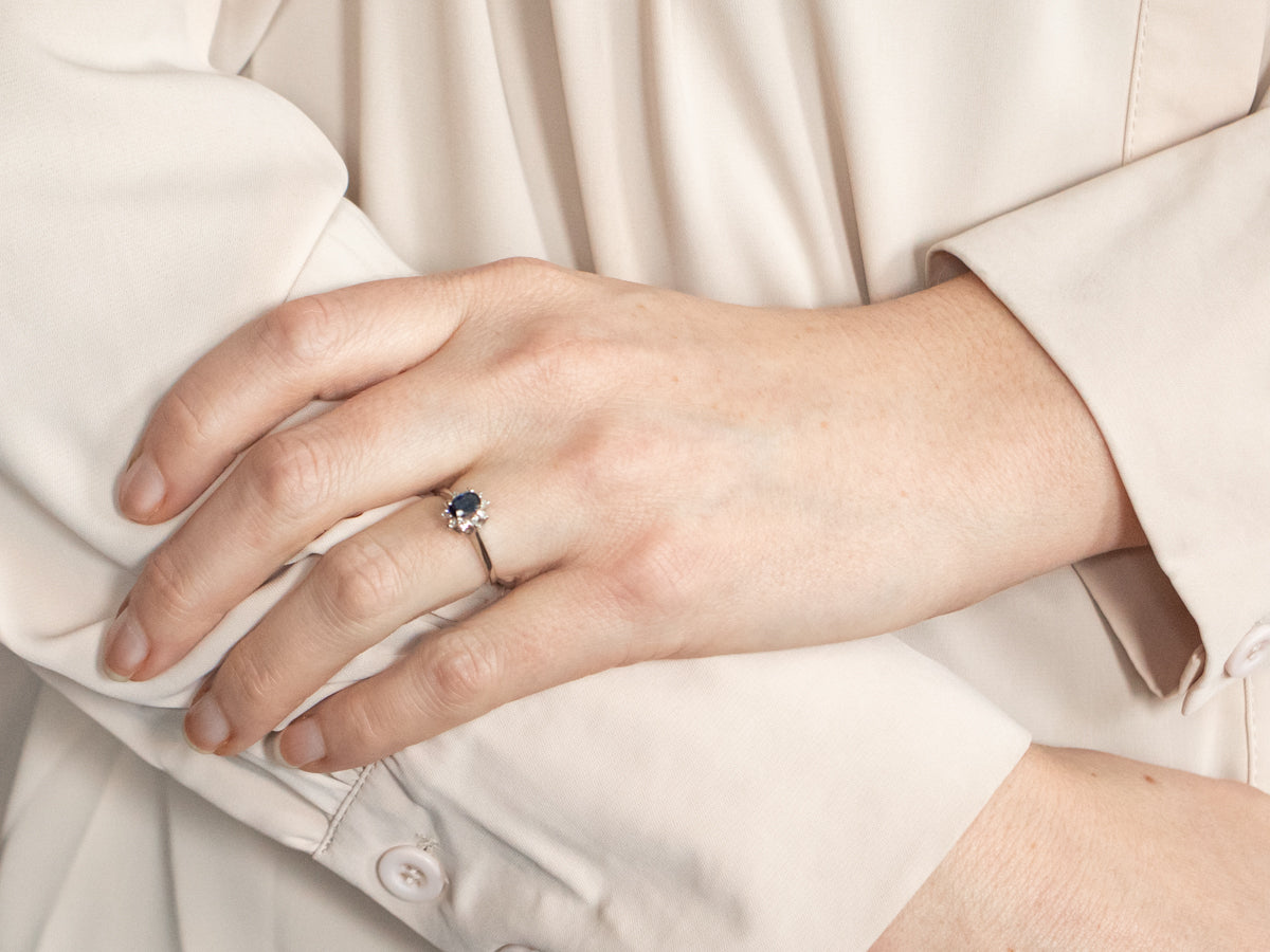 Modern White Gold Sapphire and Diamond Halo Ring