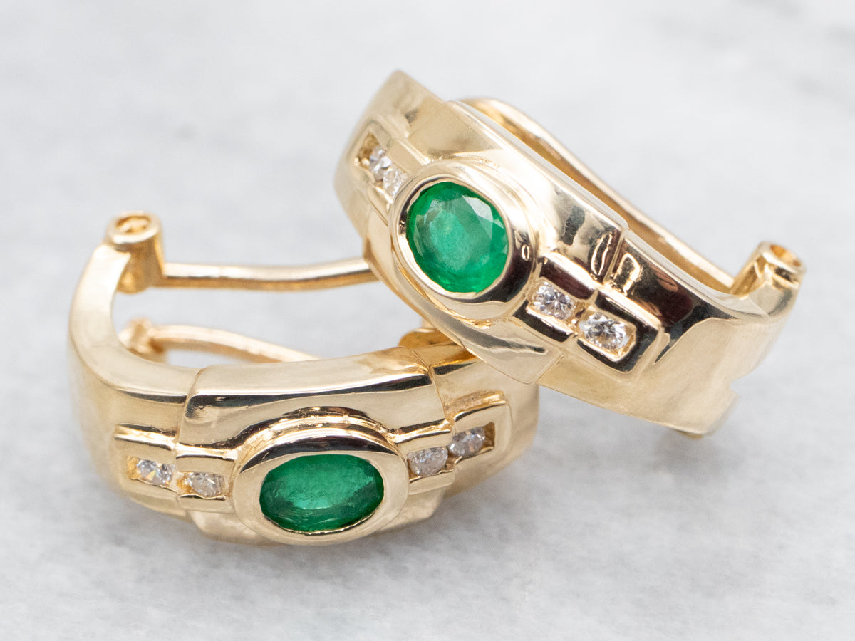 Modern Emerald and Diamond Half Hoop Earrings