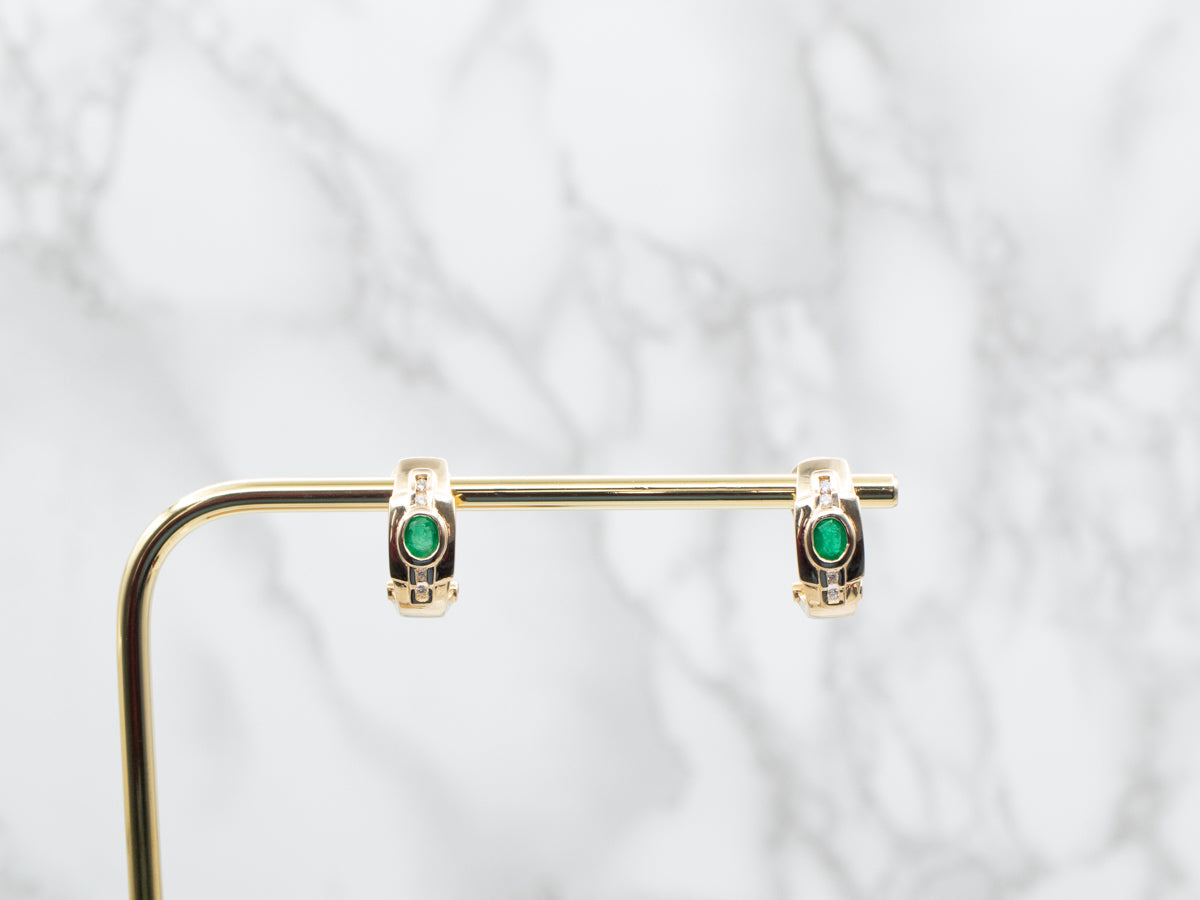 Modern Emerald and Diamond Half Hoop Earrings