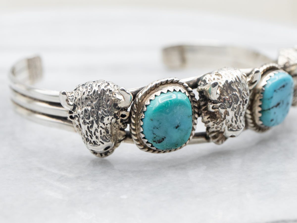 Sterling Silver Turquoise and Buffalo Head Cuff Bracelet